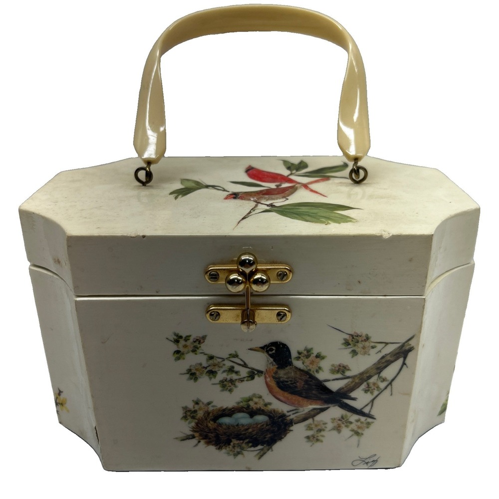 Vintage Wooden Box Purse Hand Painted Birds Mirror Quilted Lined Signed EUC